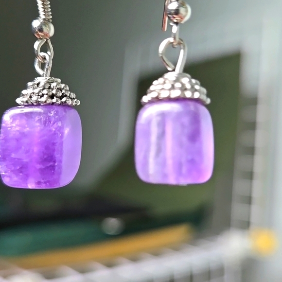 Vintange Handmade Silver Tone Purple Amethyst Dangle Earrings - Picture 10 of 16